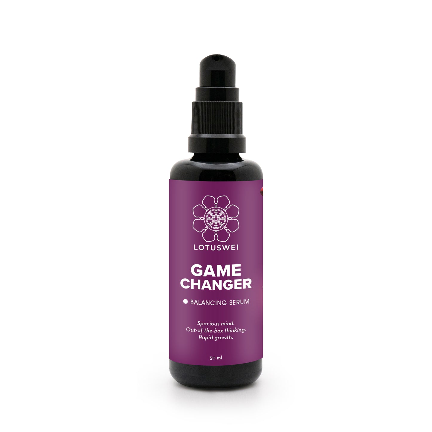 LOTUSWEI Game Changer Balancing Serum bottle, purple label reading Spacious mind, out-of-the-box thinking, rapid growth.