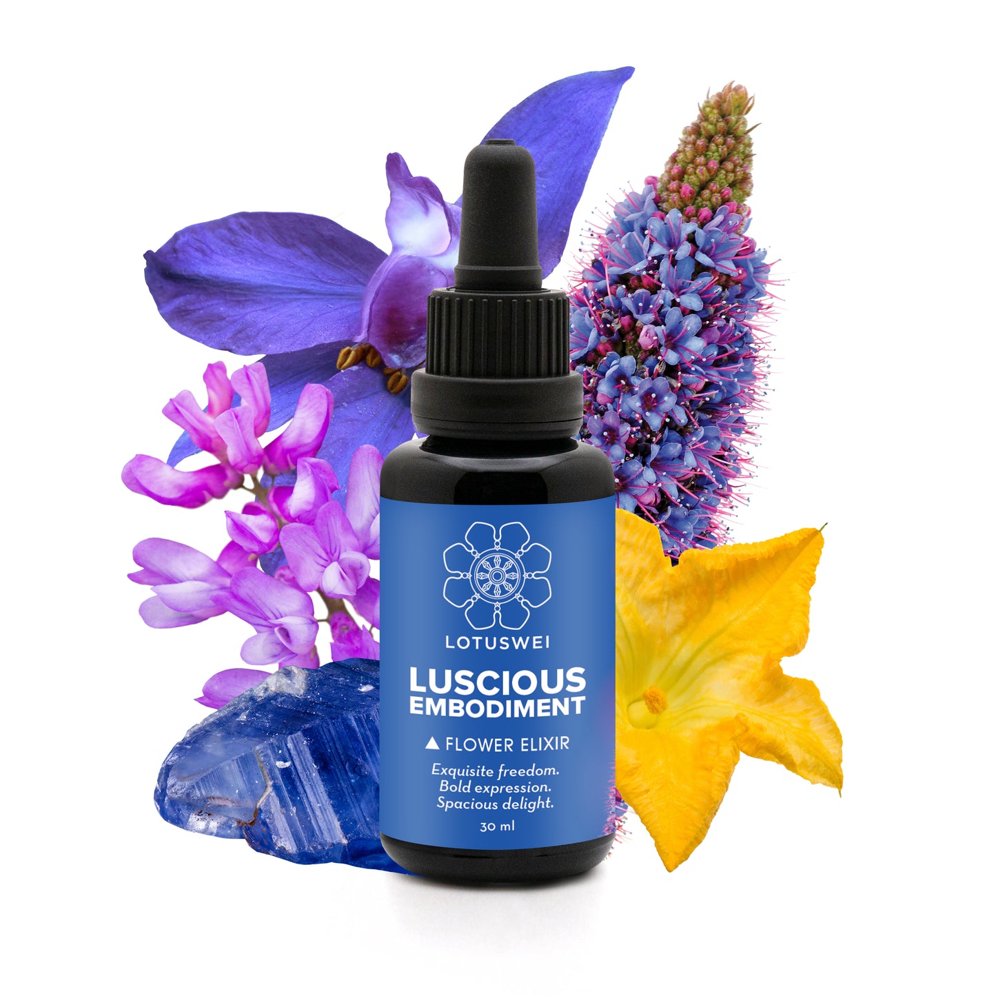 Lotus Wei Luscious Embodiment Elixir, blue bottle framed by purple blooms, a beaded flower spike, blue crystal, and a yellow blossom