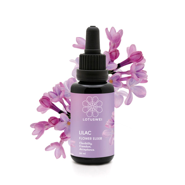LOTUSWEI Lilac Flower Elixir bottle with clusters of purple lilac blossoms behind it