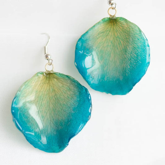 Blue Gold Rose Petal Earrings - Large