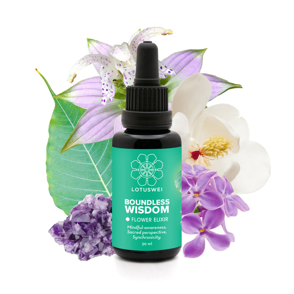 LOTUSWEI Boundless Wisdom Flower Elixir, 30 ml bottle with toad lily, magnolia, and amethyst