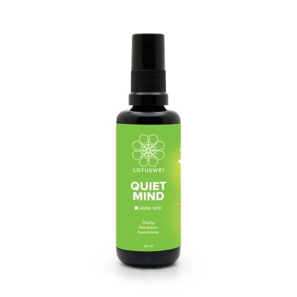 LOTUSWEI Quiet Mind Aura Mist bottle with green label and black spray cap