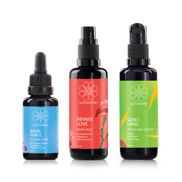 Lotus Wei Family Essentials trio: Inner Peace Elixir, Infinite Love Aura Mist, and Quiet Mind Balancing Serum bottles
